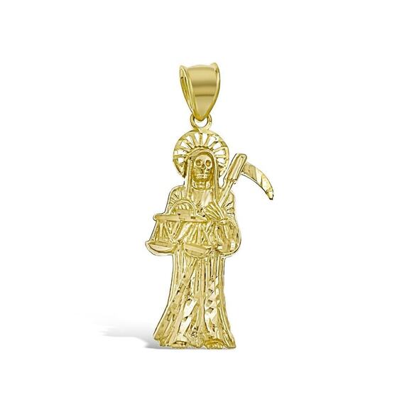 10k Yellow Gold Santa Muerte Pendant Grim Reaper Charm Holy Death 1.6 inch - Picture 1 of 2